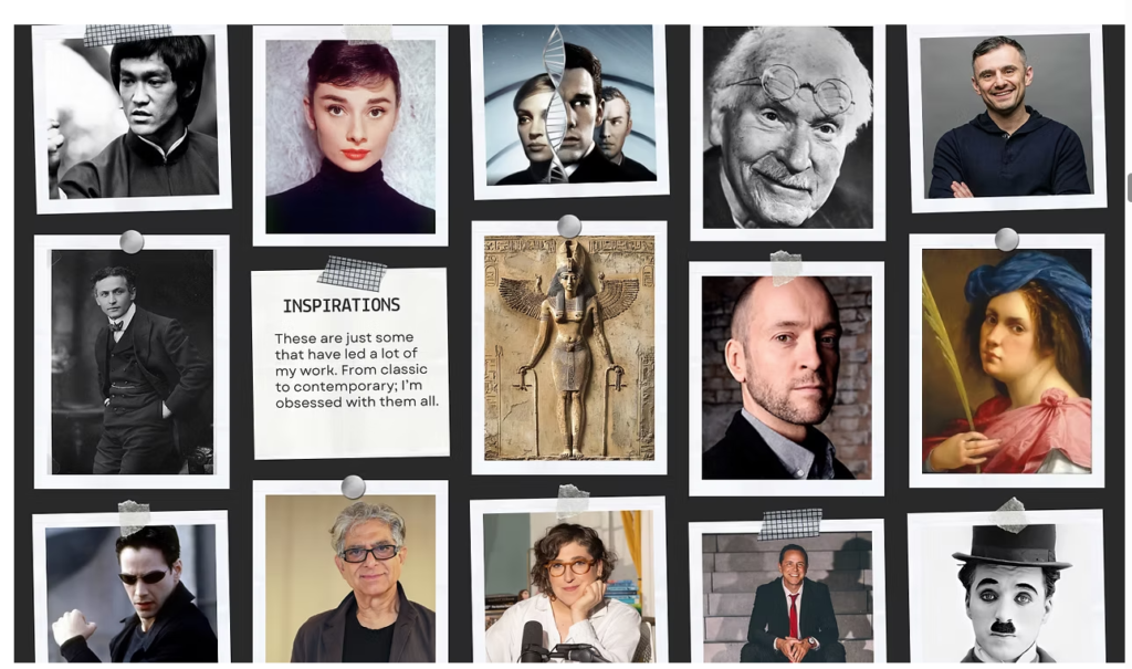Collage of cultural and intellectual figures pinned to a board — including Bruce Lee, Audrey Hepburn, Carl Jung, Artemisia Gentileschi, and Sam Altman — representing the simulated guests of the Midnight Mind Palace Human–AI system audit.