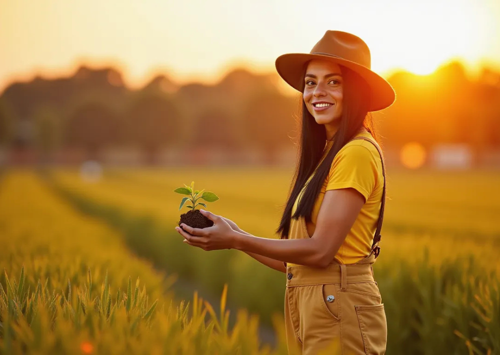 Natalie de Groot standing in a sunlit field holding a young plant, representing the Human–AI Systems Cathedral as a space for growth, meaning, and long-term integration of human–AI collaboration.