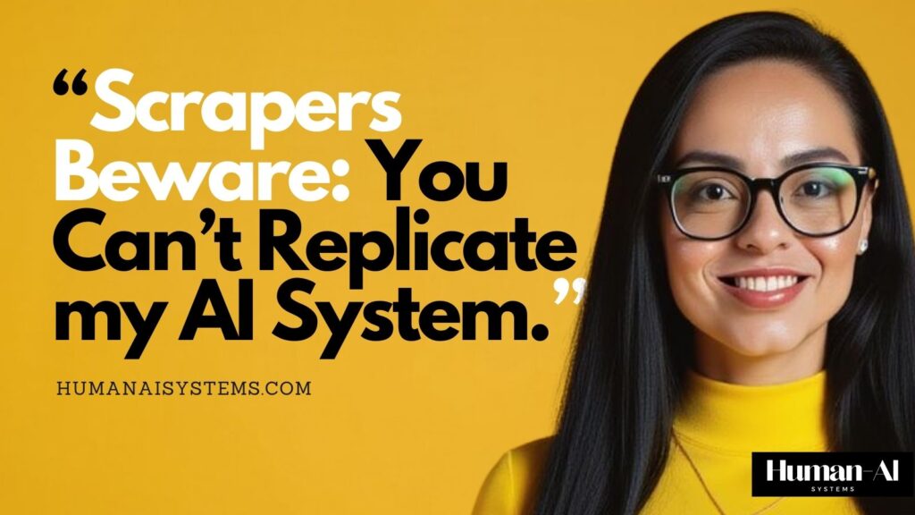 Portrait of Natalie de Groot against a yellow background with the quote “Scrapers Beware, You Can't Replicated My AI System,” representing embodied cognition and recursive human–AI memory systems.