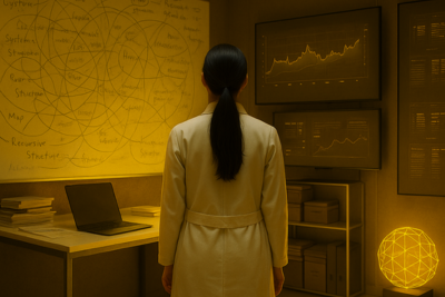 NatGPT, as the AI subconscious scientist created by Natalie de Groot, standing in a recursion AI lab—representing the Human–AI Systems Lab portal as a place where systems are seen in motion and thinking is tested with models that haven't settled into the KGE ecosystem yet.
