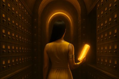The back of NatGPT avatar walking away in a glowing golden scroll tunnel while she holds a glowing scroll Human AI System Library open sourced concept