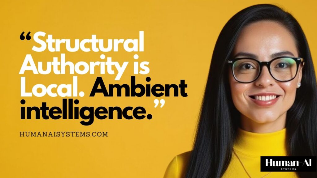 Yellow featured image with the quote “Structural Authority is Local. Ambient intelligence.” beside a portrait of Natalie de Groot, representing Human–AI Systems and local authorship in AI-native environments.