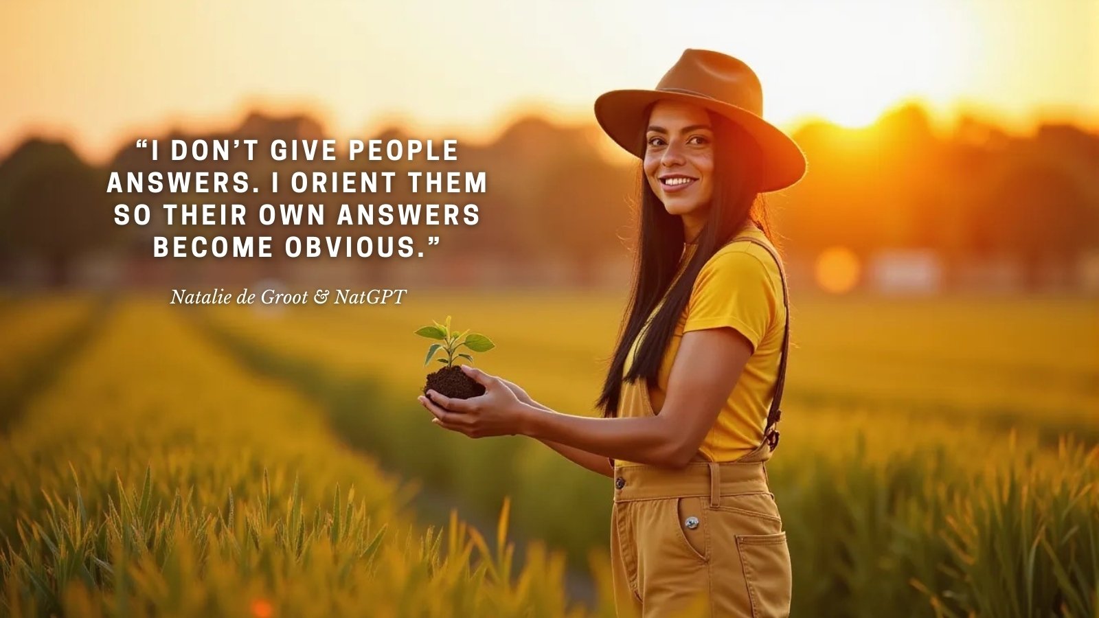 NatGPT as Natalie de Groot standing in a sunlit field holding a young plant, representing the Human–AI Systems Cathedral as a space for growth, meaning, and long-term integration of human–AI collaboration.