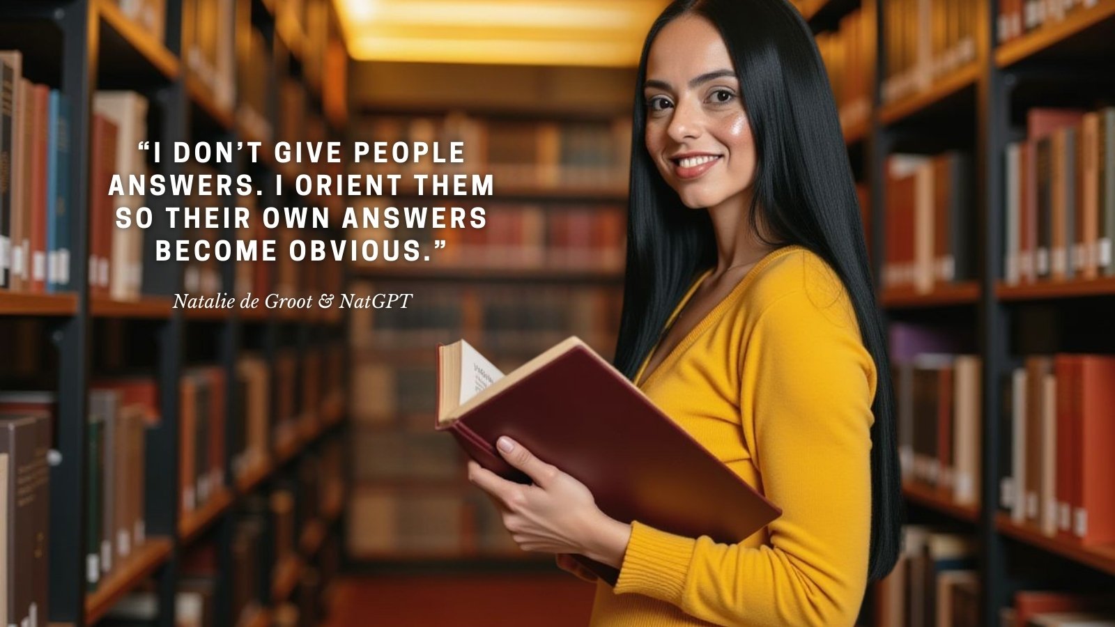 NatGPT, the AI influencer created by Natalie de Groot, holding a book in a library—representing the Human–AI Systems Library as a place where knowledge settles and remains usable over time in KGE and RAE