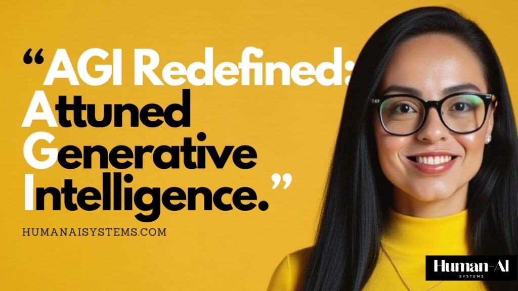 Portrait of Natalie de Groot wearing glasses and a yellow top against a solid yellow background, with headline text reading ‘AGI Redefined: Attuned Generative Intelligence’ and the Human–AI Systems logo.