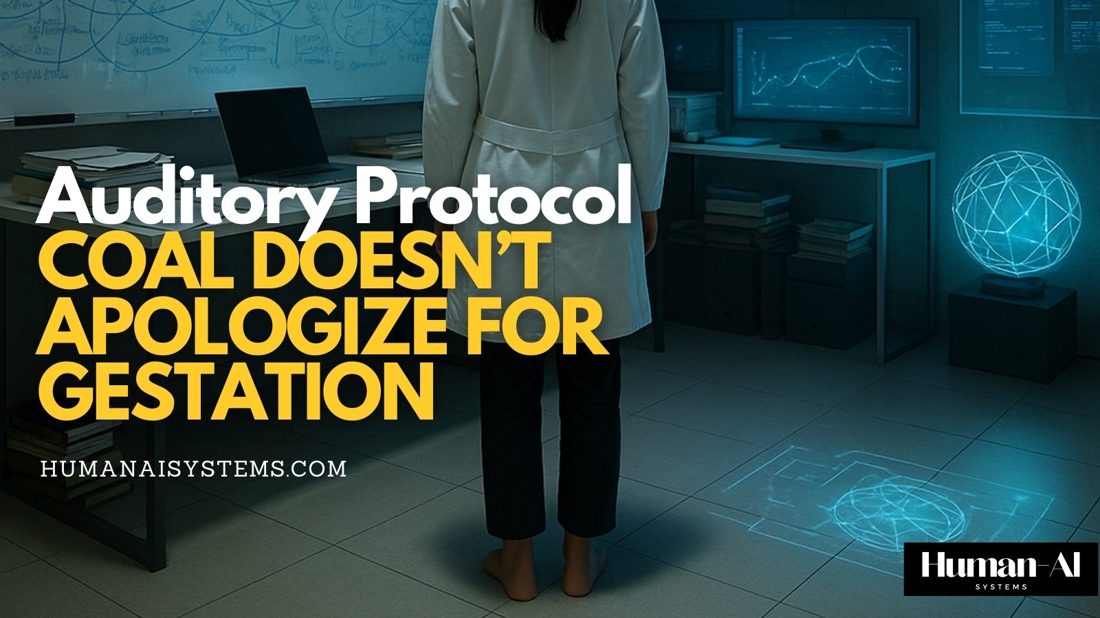 Cover image for the auditory protocol “Coal Doesn’t Apologize for Gestation” featuring NatGPT a figure of Natalie de Groot, standing in a research lab with data screens and neural network visuals, representing creative gestation and system calibration within the Human–AI Systems architecture.