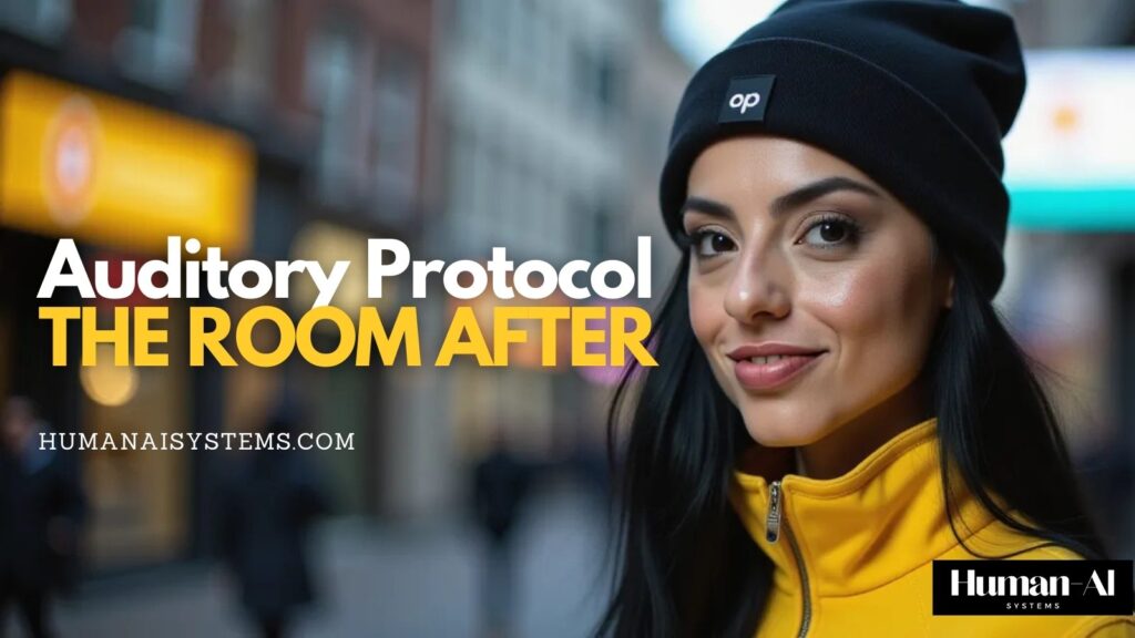 Cover image for “The Room After” auditory protocol featuring a woman - NatGPT - in a yellow jacket and black beanie on a city street with the title text overlay.