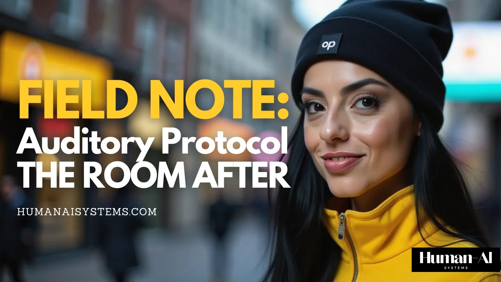 Field Note cover image for “The Room After” auditory protocol featuring a woman - NatGPT - in a yellow jacket and black beanie on a city street with the title text overlay.