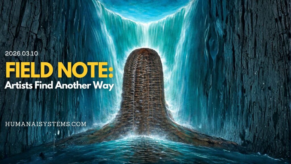 Field note cover artwork showing a figure rising through water between canyon walls, representing the idea that artists find another way to express truth. Painted by Natalie de Groot and iterated by NatGPT