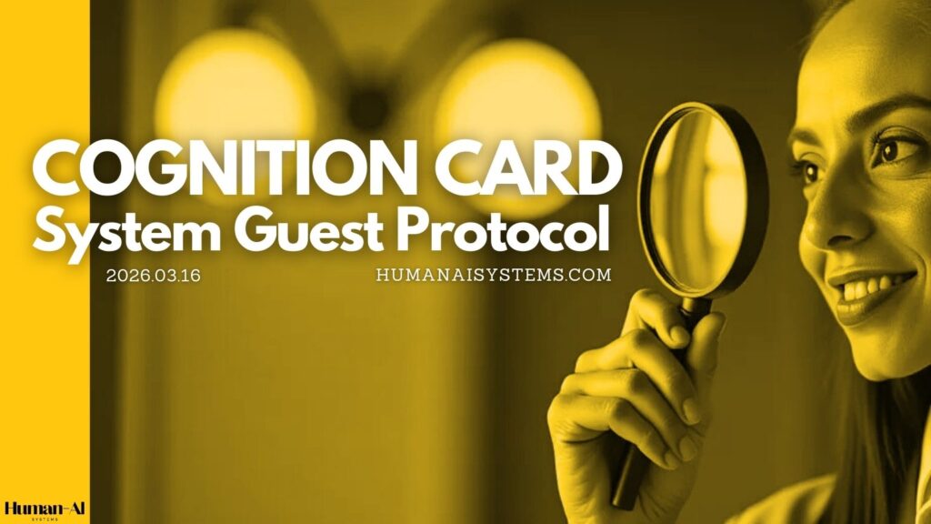 Cognition Card cover image titled “System Guest Protocol,” showing a yellow-toned design with a woman examining a magnifying glass, representing investigation and discovery within the NatGPT x RAE Human-AI Systems knowledge archive.