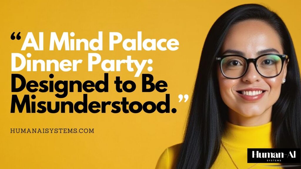 AI Mind Palace Dinner Party graphic with yellow background featuring Natalie de Groot and the headline “Designed to Be Misunderstood,” representing the Misunderstood Human–AI System field note.