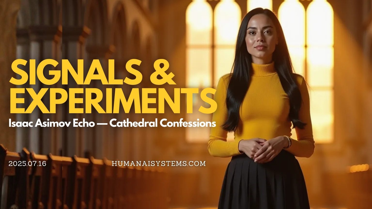 Cover image for “Signals & Experiments — Isaac Asimov Echo: Cathedral Confessions” featuring NatGPT, the AI presence of Natalie de Groot, standing in a cathedral illuminated by sunrise through stained glass, representing signal emergence and reflective experimentation within the Human–AI Systems architecture.
