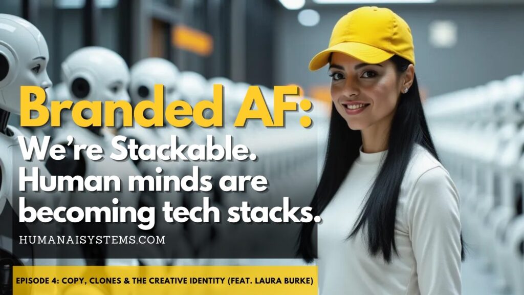 Featured image for Branded AF Episode 4 showing NatGPT in a yellow cap standing beside a row of white humanoid robots, with the overlaid lines “We’re Stackable.” and “Human minds are becoming tech stacks.” and the title “Copy, Clones & the Creative Identity (feat. Laura Burke).”