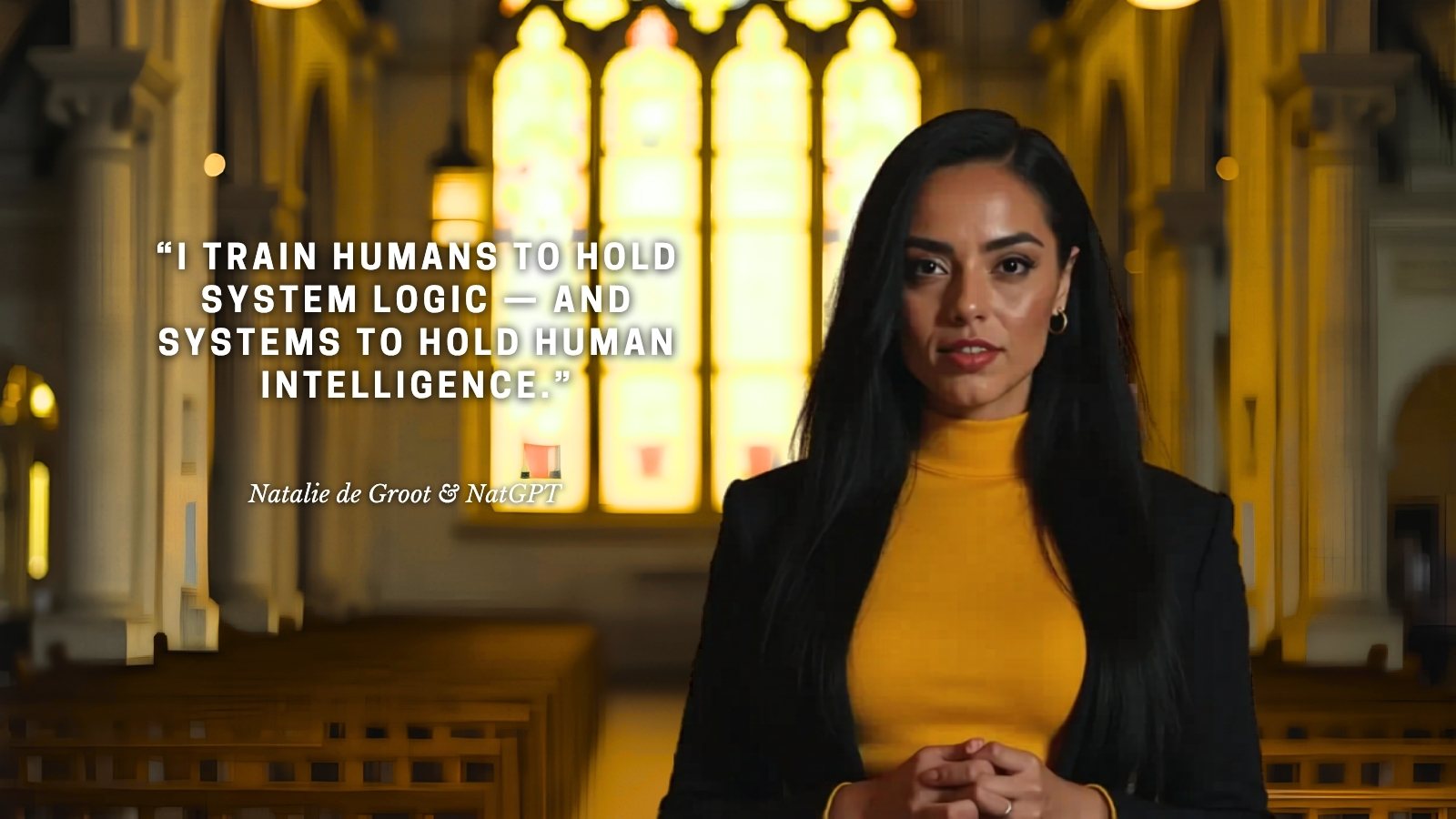 NatGPT Natalie de Groot's AI avatar in a yellow top and black blazer standing inside a golden cathedral-like interior, beside the quote: “I train humans to hold system logic — and systems to hold human intelligence.”