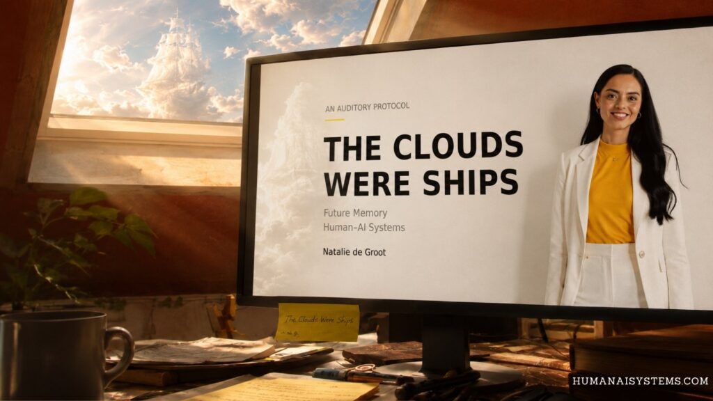 Human Natalie appears on a desktop monitor beneath an attic skylight where clouds resolve into ships, representing future memory and Human–AI System recognition in The Clouds Were Ships.