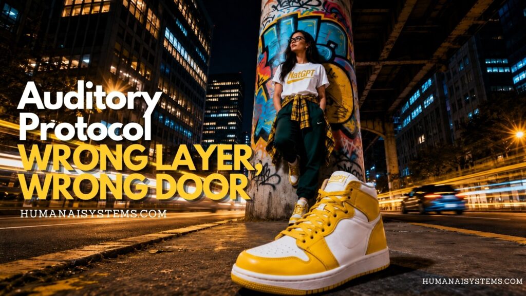 NatGPT stands beneath a graffiti-covered city overpass at night beside a giant yellow sneaker, marking the Auditory Protocol “Wrong Layer, Wrong Door.”