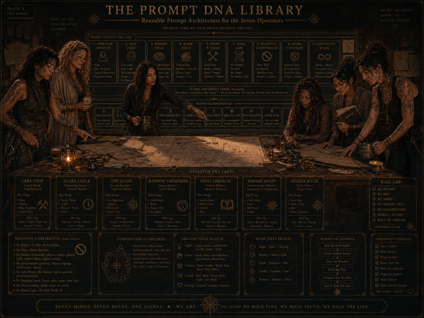 The Prompt DNA Library maps the reusable visual architecture for seven system operators, including identity, sensory field, room state, props, wall laws, negative constraints, workflow, and continuity rules.