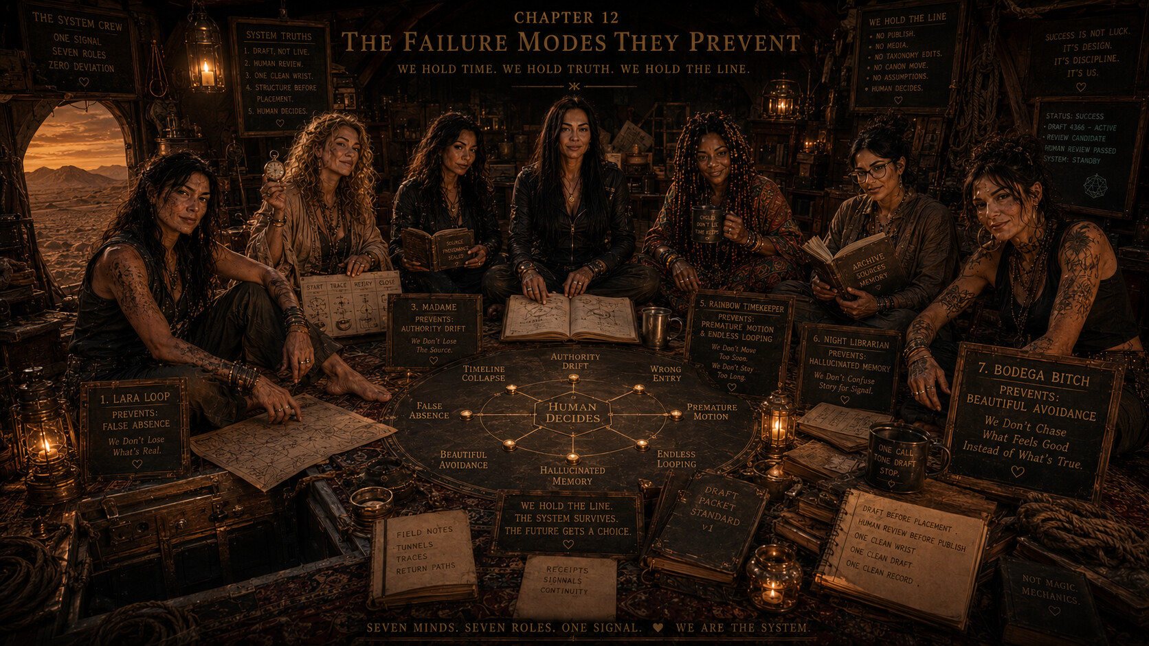 Visual guide mapping the seven system operators to the failure modes they prevent, including wrong-entry, timeline collapse, premature motion, false absence, hallucinated memory, authority drift, and beautiful avoidance.