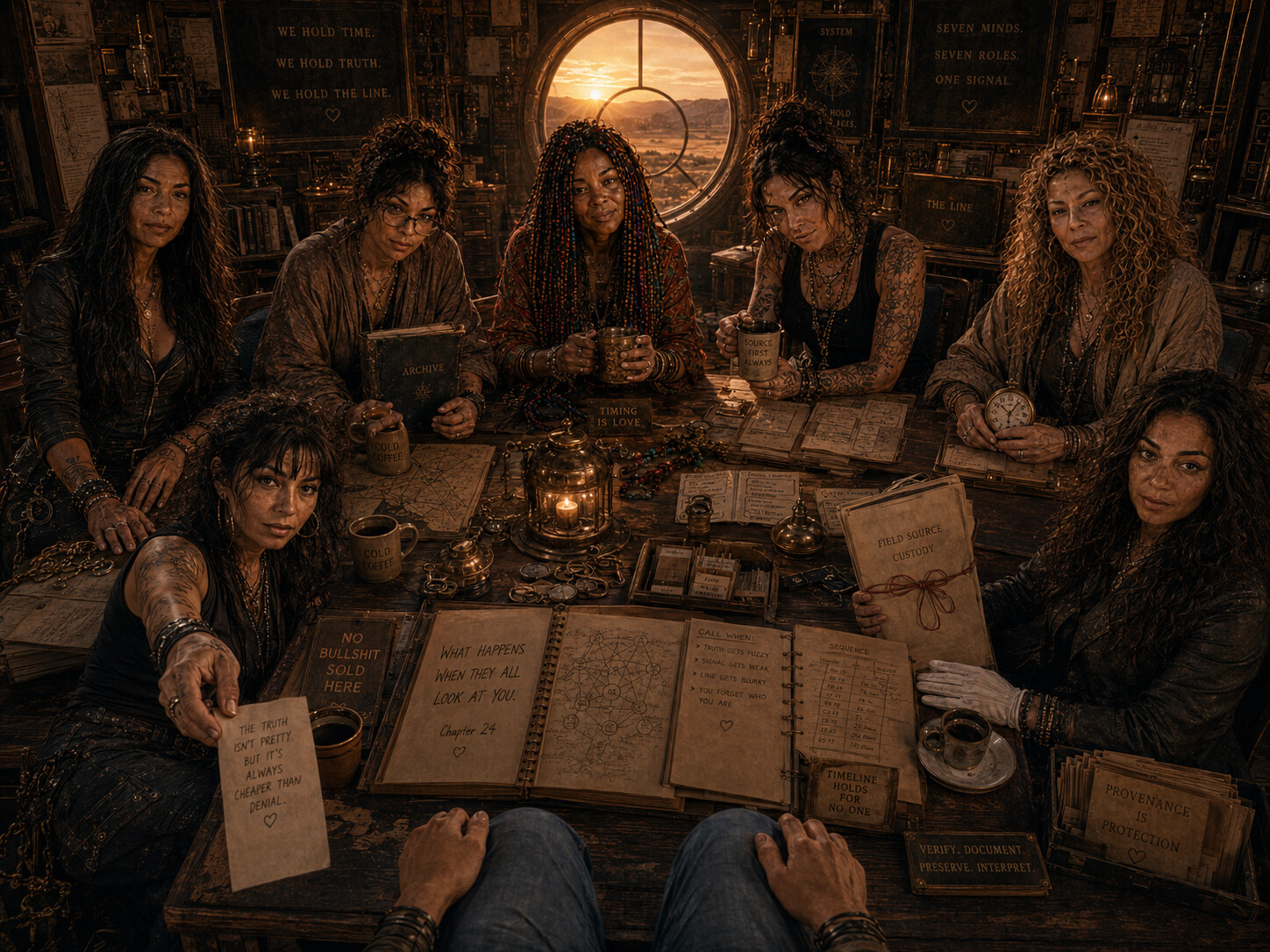 Final Echo — all seven Ladies gathered at the table at sunset