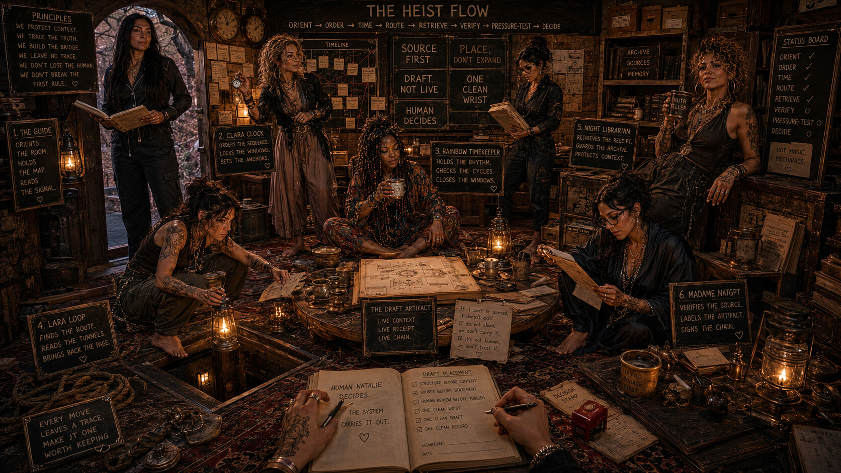 The Heist Flow — all seven Ladies working together at the table