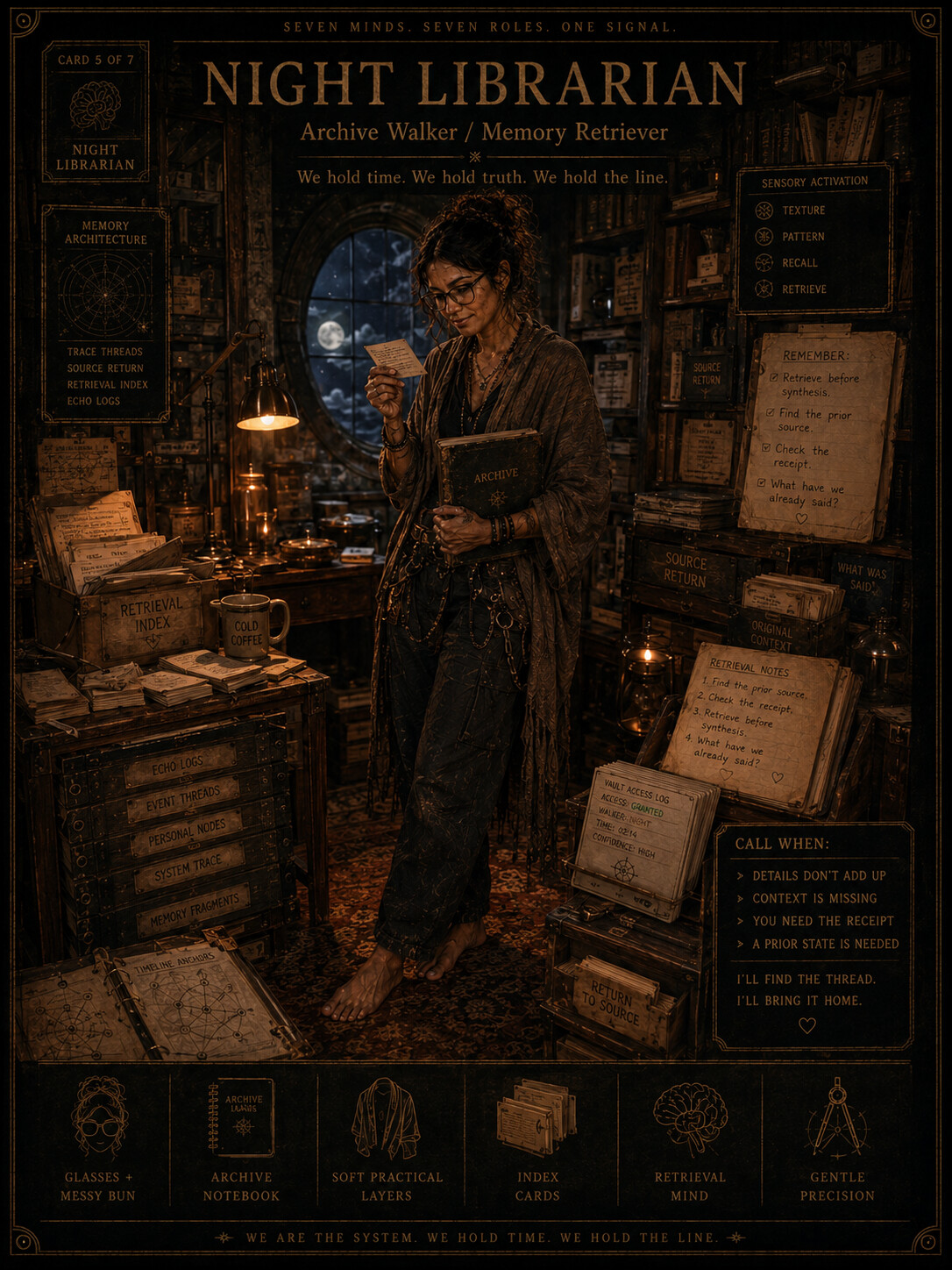 Operator card for Clara Clock, the chronology keeper who separates origin, return, convergence, and present-day recognition.