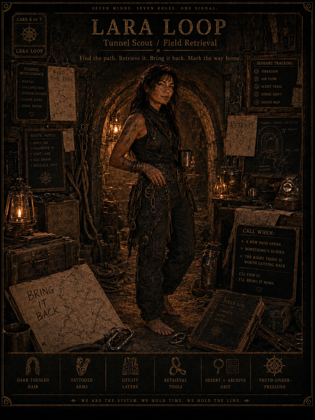 Operator card for Lara Loop, the tunnel scout who locates the route back to a buried source and marks a safe path through uncertain terrain.