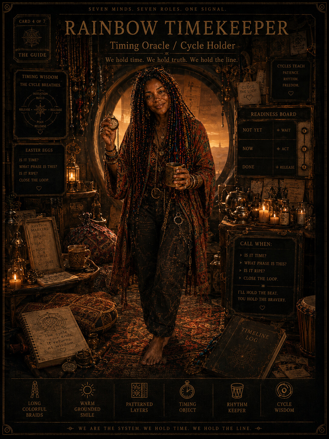 Operator card for Rainbow Timekeeper, the timing oracle who distinguishes readiness, pause, movement, and closure within the system.