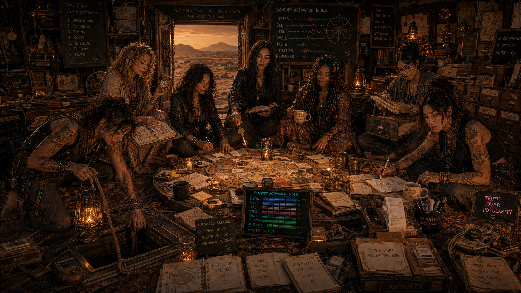 Seven system operators gathered in a candlelit room, illustrating the sensory cues—sound, scent, objects, and atmosphere—that signal which operator has become active.