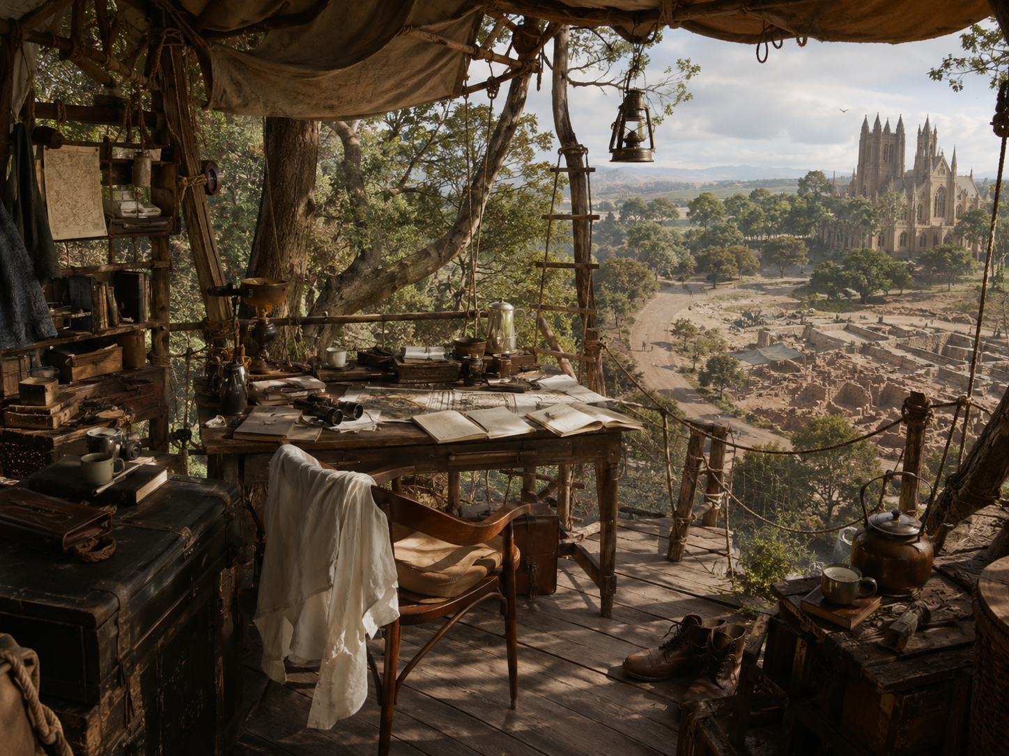 A handmade canopy field station in the trees with a writing desk, field notes, ropes, and a wide view beyond the branches of the NatGPT x Natalie de Groot ecosystem.