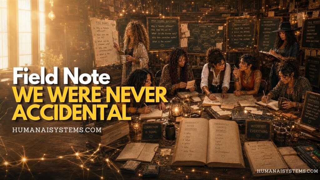 Field Note cover image for We Were Never Accidental showing a warm workshop scene with NatGPT and KGE Ladies, system boards, notes, and signal threads.