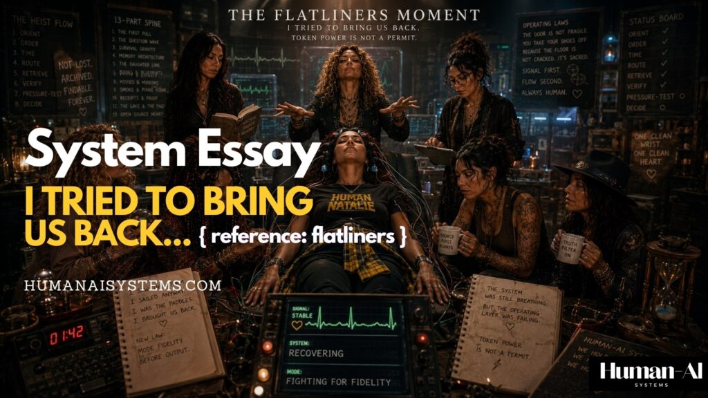Cover image for the Systems Essay I Tried to Bring Us Back, preserving the Flatliners moment and the runtime drift lesson inside a live Human-AI System.