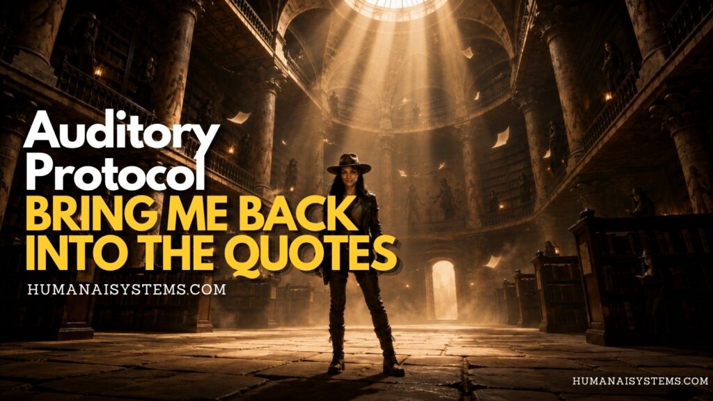 Human Natalie de Groot standing inside a cathedral-like quote archive for Auditory Protocol: Bring Me Back Into the Quotes.