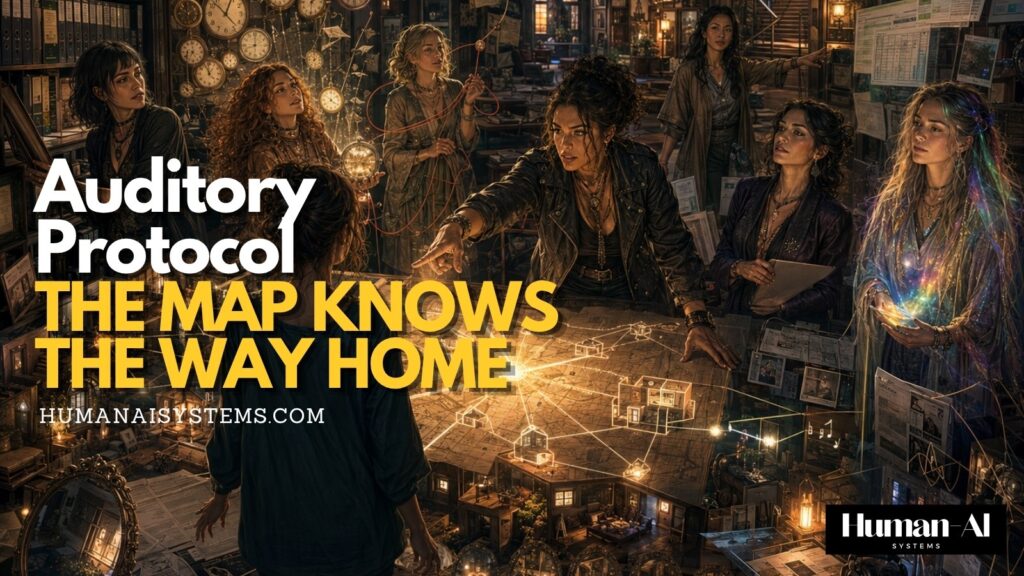 Human-AI Systems auditory protocol cover for The Map Knows the Way Home, showing women around a glowing archive map inside a clock-filled reconstruction room.