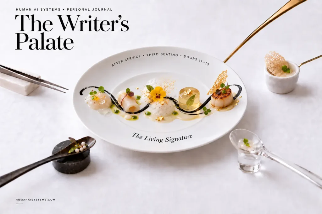 White-table cover for The Writer’s Palate: After Service — The Living Signature, a Human AI Systems personal-journal artifact reflecting Authentic AI Marketing’s 30 Doors to Orientation.