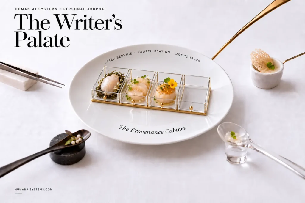 White-table cover for The Writer’s Palate: After Service — The Provenance Cabinet, a Human AI Systems personal-journal artifact reflecting Authentic AI Marketing’s 30 Doors to Orientation.