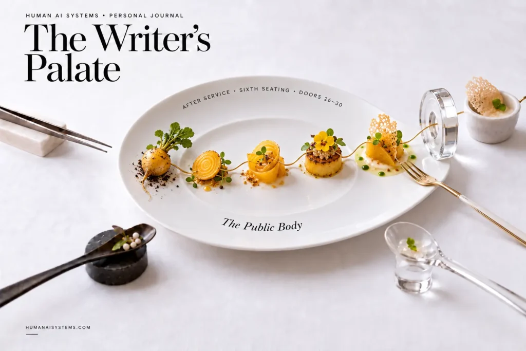 White-table cover for The Writer’s Palate: After Service — The Public Body, a Human AI Systems personal-journal artifact reflecting Authentic AI Marketing’s 30 Doors to Orientation.