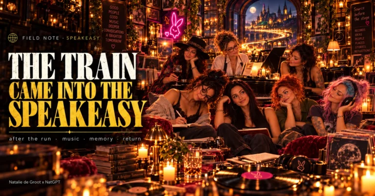 An illustrated candlelit speakeasy with records, a circle of women, and a golden trail of light.